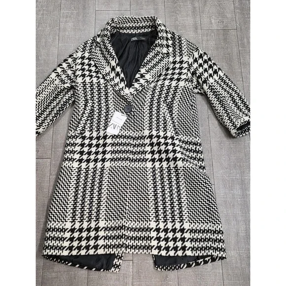 Zara Coat Womens Small Black White Houndstooth Wool Blend Long Tweed Overcoat - Picture 1 of 15